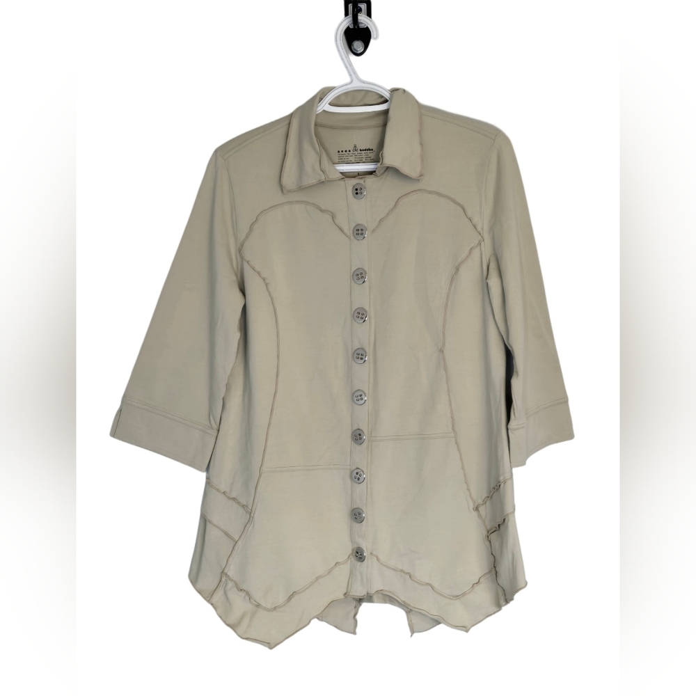 Neon Buddha Beige Button Front‎ Raw Edge Knit Jacket Cardigan S
Boho Neutral